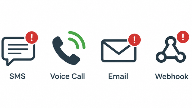 Four alert channels shown as labelled icons: SMS, voice call, email and webhook, each carrying an alert badge.