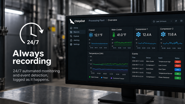 A ChirpDat dashboard: stat tiles for a freezer at 12.1 degrees, a main cooler at 41.0 degrees and two compressors drawing 12.4 and 11.6 amps, each with its own 24-hour trend, beside a temperature chart and a running event log.