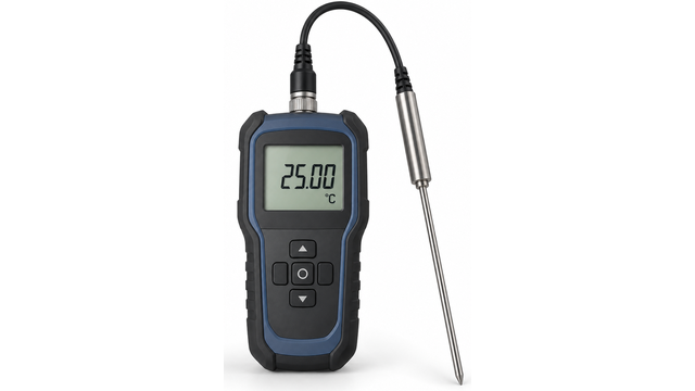 A handheld digital thermometer with a stainless steel probe, the kind used to verify a sensor against a calibrated reference.