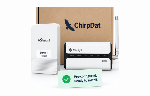 A ChirpDat shipping box with a labelled wireless sensor and a gateway beside it, tagged pre-configured and ready to install.